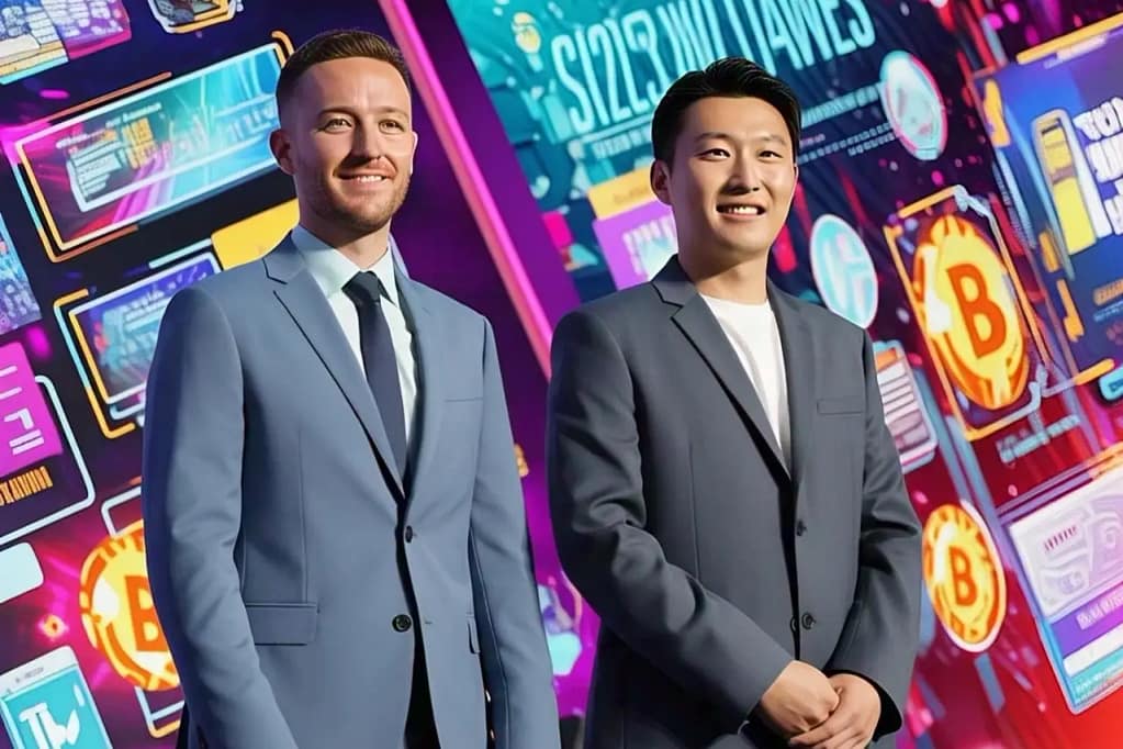 Crypto World Buzzes: Big Changes in Laws, Leadership, and Online Drama 3 Portraits of Justin Sun and Star Xu with digital currency symbols.